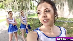 Super hot cheerleaders gang drill with their wild coach