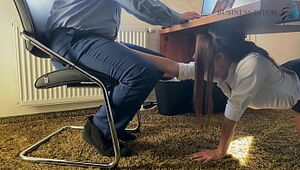 trainee fellates the bosses man sausage for her career under the desk in the office and guzzles his jizm - business-bitch