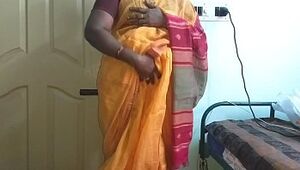 desi  indian crazy tamil telugu kannada malayalam hindi hotwife wifey vanitha wearing orange colour saree  demonstrating thick fun bags and bald puss press stiff fun bags press nipple rubbin' puss getting off