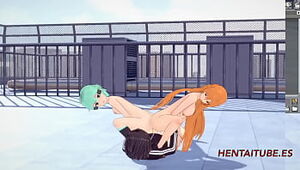 Sword Art Online Anime Pornography Three dimensional - Threesome, Asuana and Asada jack Kirito with their backside and he ejaculates on her butt-cheeks - Chinese Anime Manga Animation Pornography