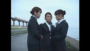 3 Asian Sapphic Airline Stewardess Gals Kissing!