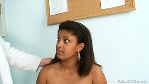 Ebony obese Manuela gynecology check-up by milky older medic