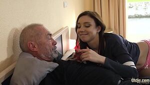 Mischievous granddad bangs youthful dame xxx and she deep-throats his pecker before drinking the jizz flow