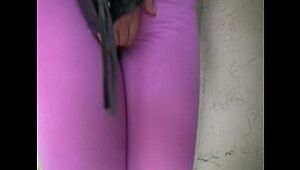 Blonde doll pisses her latex stretch pants outside