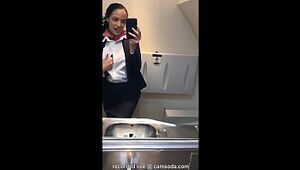 latina stewardess joins the onanism mile high club in the lavatory and jizzes