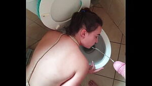 Biotch on leash gets pee | spanked | slobber in her face and porked with her head in the toilet.