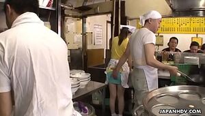 Spectacular Asian waitress Asuka gets gang-fucked and creampied in public