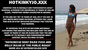 Hotkinkyjo deep fake penis pound and tummy erection at the public beach