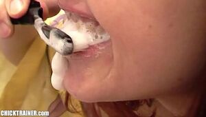 ...and then THIS HAPPENED! Buxomy lil' ginger-haired Britney Gulps is brushing her teeth with semen. Plus 2 bonus clips: Chewing jism & a eyes covered cum drinking shot. Abominable homemade Chicktrainer videos!